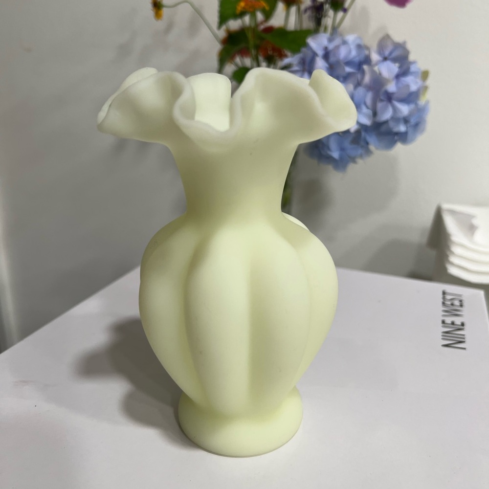 Vintage Rare Fenton Green Custard Glass Melon Vase Ruffled Rim